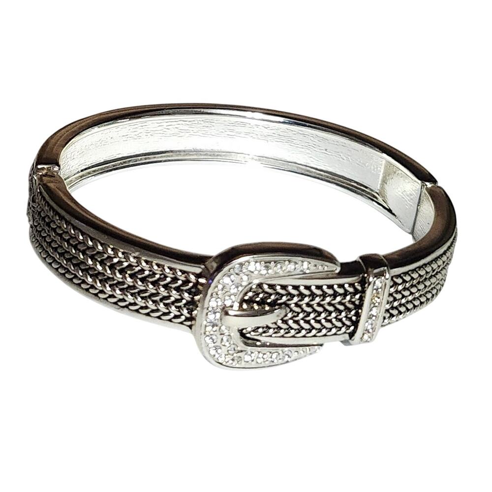 Vintage Silver Tone Rhinestone Belt Buckle Hinged Cuff Bangle Bracelet